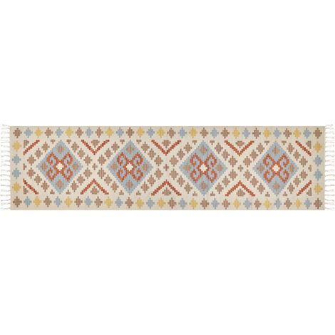 Alfombra kilim de algodón beige azul amarillo naranja 80 x 300 cm geométrico borlas Atan