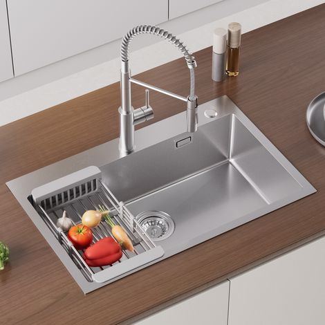CECIPA MAX Évier de cuisine en acier inoxydable 70 x 45 cm – Évier à encastrer fait main avec égouttoir, grand évier de cuisine, argent (1/5)