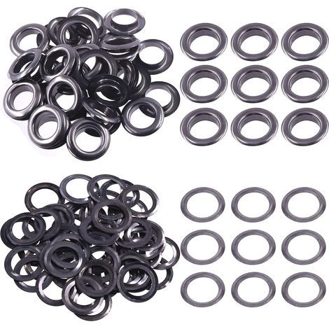 100 - Œillets Métal - Rondelles Acier - Réparation Toile Cuir Rideaux - Noir Pistolet - Trou 17 mm (1/5)