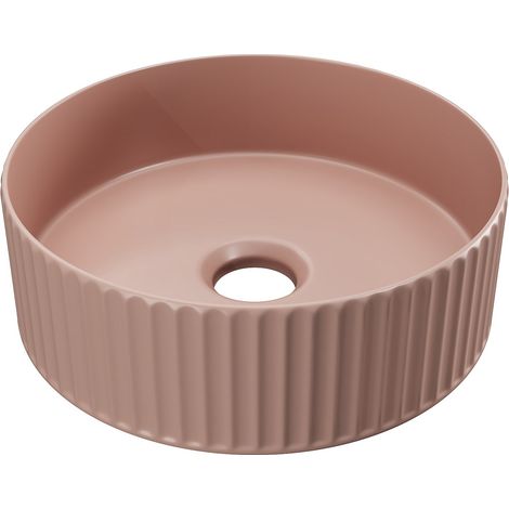 Vente-Unique – Vasque à poser en céramique striée ronde – Couleur rose mat – Dimensions 36x12 cm – Épaisseur 8 mm – Design moderne pour salle de bain (1/4)