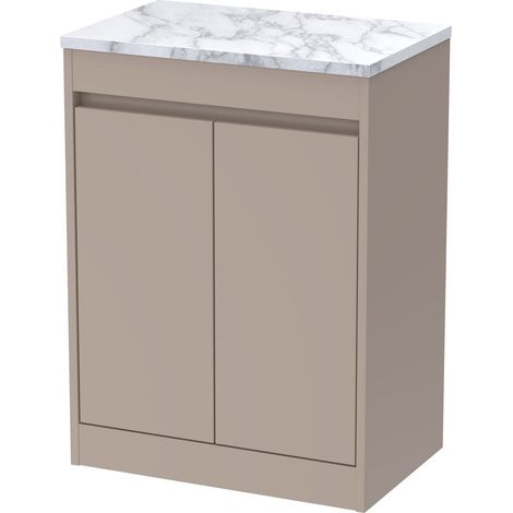 Chartley Contemporary Floor Standing 2 Door Vanity Unit with Carrera Marble Laminate Worktop, 600mm, Taupe (1/4)