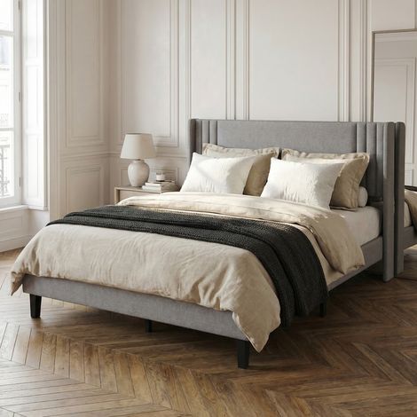 Lit adulte capitonné 140x200 cm, sommier à lattes, cadre en métal, lin, mousse haute densité, max 300 kg, lit adulte style scandinave - Gris