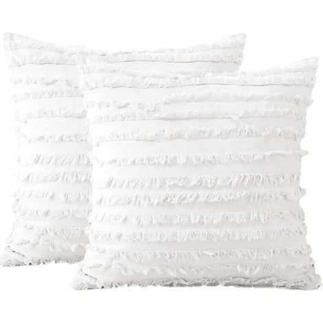 Set of 2 Cushion Covers 45x45cm Linen Boho Decorative Pillowcase Tassels Design Square Pillow Cover for Sofa Bedroom Couch Home Decor Chair (White) (1/4)
