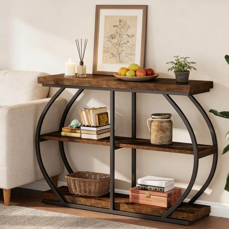 Tavolo consolle in legno e metallo marrone 105 cm, 3 ripiani, stile industriale (1/5)