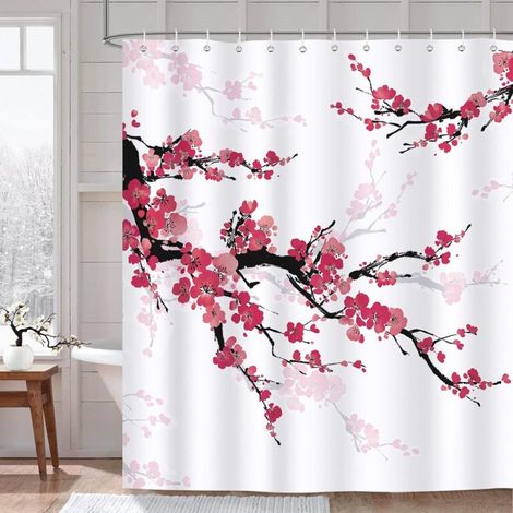 Rideau de Douche - 1 Pièce - Polyester - Motif Fleur de Cerisier Rouge - Imperméable et Anti Moisissure - Pour Salle de Bain - 180 x 200 cm (1/5)
