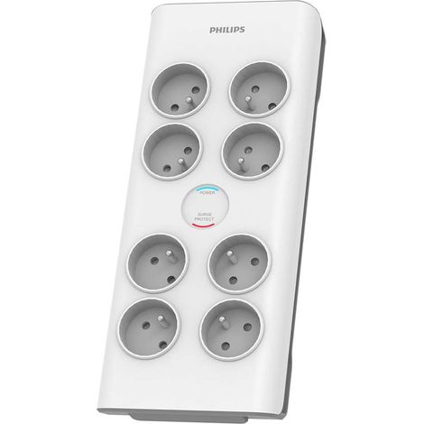 Philips – Multiprise protection surtension 8 prises CA 3680W – Câble 2m blanc – Estimation montée subite 900J – Pour usage intensif (1/3)
