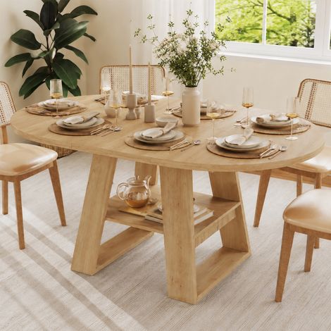 Mesa de comedor extensible, 110/150110 cm, apta para 4-6 personas, mesa redonda, mesa de comedor con espacio de almacenamiento y estantes, color roble. (1/5)