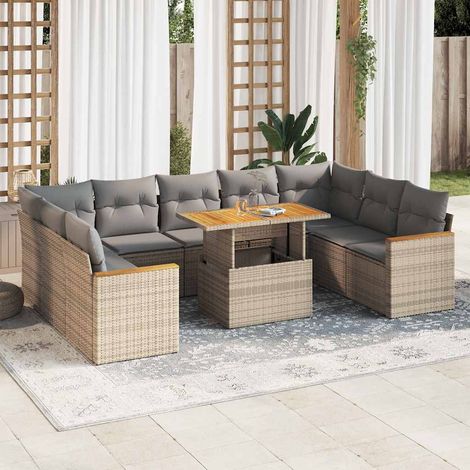 vidaXL Salon de jardin avec coussins 10pcs beige résine tressée acacia (1/5)