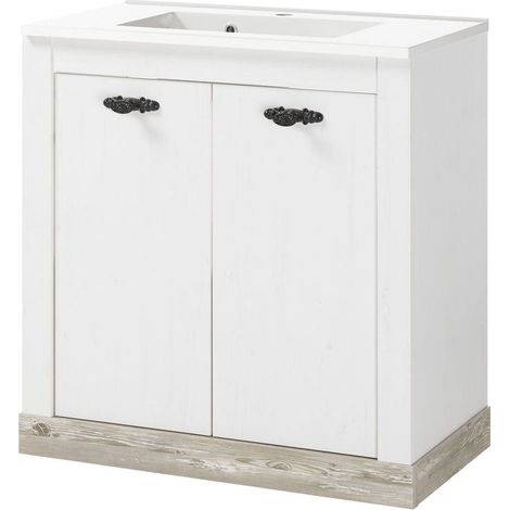 Badezimmer Waschtisch inkl. Mineralgussbecken FERNA-61 in Pinie weiß Nb. mit Absetzung in Pinie dunkel Nb., B/H/T: ca. 81/85/46 cm (1/5)