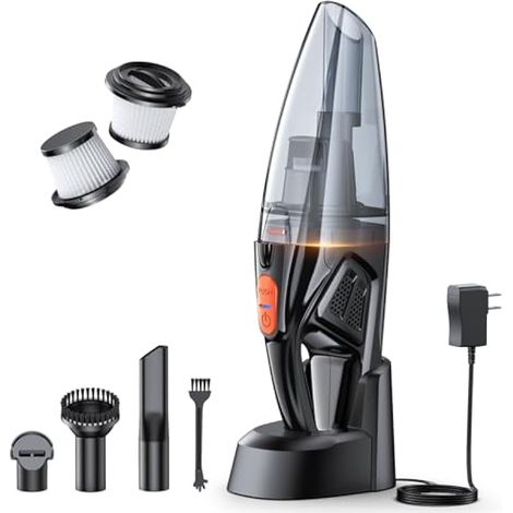 Aspirateur à main sans fil, 9KPA, puissant, rechargeable avec [station de charge rapide & LED], 2 filtres HEPA, mini aspirateur pour maison/tapis/escaliers/poils d'animaux