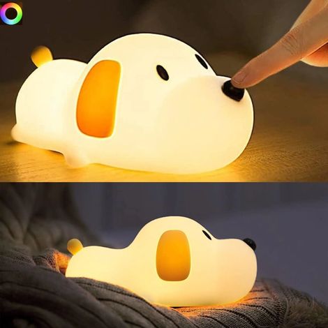 Lámpara de noche LED de silicona con forma de cachorro, táctil, recargable por USB, con temporizador e iluminación RGB para habitaciones infantiles. Ayuda para dormir. (1/5)