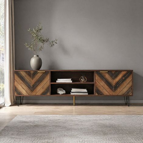 Mobile TV 155x38x48 cm in pannelli di legno naturale, con contenitore per soggiorno FloraGrace (1/5)