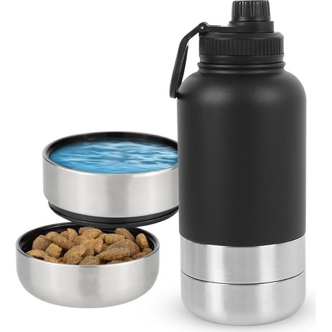 Botella de agua para perros - Para llevar - 950 ml - Accesorio para perros - Con cuenco y bebedero - Acero inoxidable - 4 en 1 - Aislante - Sin BPA (1/5)