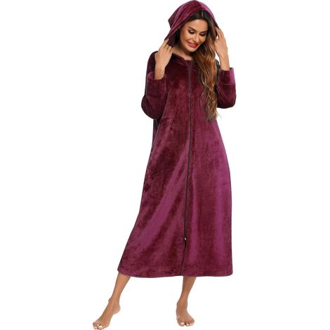 Peignoir Femme Chaud Polaire Luxe Molleton avec Capuche et Zip, Robe de Chambre Flanelle à Poches pour Hiver (1/5)