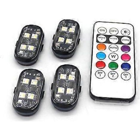 Lot de 4 lumières stroboscopiques LED sans fil pour décoration de voiture, éclairage d'ambiance