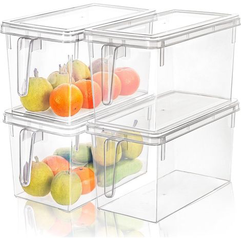 6.5L4 Boîte Conservation Alimentaire en Plastique, Conteneur Alimentaire, Boîte de Rangement, Récipient de Congélateur avec Poignée et Couvercle, Empilable, Sans BPA, Clair, 6.5L-Lot de 4 (1/5)