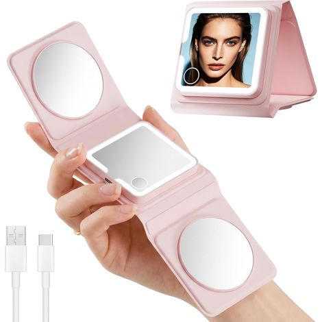 Petit Miroir de Poche Rechargeable, 1X/5X/10X Miroir Grossissant de Voyage avec Lumière LED, Miroir de Maquillage Compact et Pliable pour Sac à Main, USB-C (1/5)