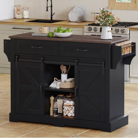 Isla de cocina con tablero plegable, ruedas, 2 puertas correderas y 2 cajones MDF negro OKWISH (1/5)