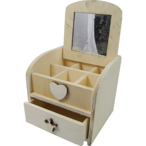 Boîte à bijoux en bois, dimensions env. 12 x 12 x 11,5 cm, avec miroir dans le couvercle qui s'ouvre, un tiroir et 6 compartiments, poignées variables
