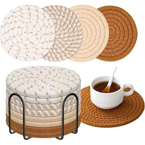 Lot de 8 dessous de verre avec support, 4 couleurs absorbantes pour types de tasses, ensemble de sous-verres tissés pour (1/3)