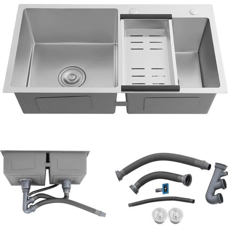 HAUTOUR Évier de cuisine encastrable à 2 bacs en acier inoxydable, Double évier avec panier d'égouttement, Dispositif d'écoulement - Filtre à déchets, 78 x 43 x 21 cm, pour garages, buanderies, restau (1/5)