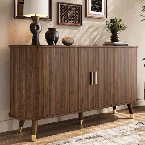 Buffet ovale 140x40x79.5 cm - 2 portes coulissantes et 2 tiroirs - Étagères réglables - Pieds en bois massif - MDF - Marron