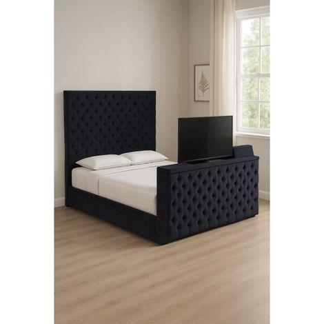 Lit coffre TV Vittorio 160 x 200 cm – Velours capitonné noir – Coffre volumineux avec vérins hydrauliques – Mécanisme TV motorisé (1/4)