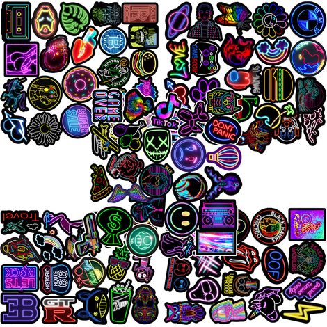 Sticker - Vinyl Imperméable - 200 Pièces - Design Néon Original - Pour Ordinateur Portable Tasse Carnet Téléphone - Taille 2 À 3,9 Pouces (1/5)