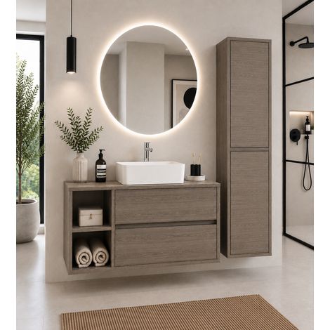 Mueble de baño con encimera de madera y lavabo sobreencimera ORIGENBATH ZEUS sin espejo 70x45 cm izquierda Roble smoky con columna (1/5)