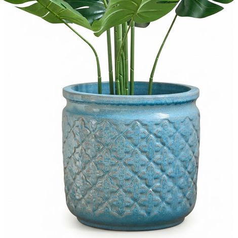 ELVMI Vaso da Giardino in Ceramica con Foro di Drenaggio per Interni ed Esterni, Blu Antico Lucido (1/5)