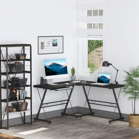 Bureau d'angle noir moderne, poste de travail informatique droit avec tablette clavier, MDF, métal, en L : 130 cm (L) x 130 cm (P) x 73,5 cm (H), droit : 210 cm (L) x 50 cm (P) x 73,5 cm (H), noir (1/5)
