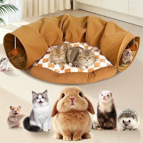 Tunnel de Couchage pour Lapins, Tunnel pour Chat Pliable 2 en 1, Lavable, avec Cachette Amovible, Jouet Interactif pour Lapins, Chinchillas, Hérissons, Cochons d'Inde et Chatons,Kaki (1/5)