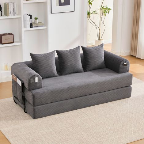 Canapé-lit pliable 200x94x67cm gris foncé, structure métallique robuste, poches latérales et 3 coussins, design moderne pour salon (1/5)
