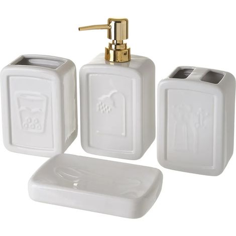 Set 4 Pezzi da Bagno Ceramica Dispenser Porta Spazzolini Bicchiere e Portasapone (1/5)