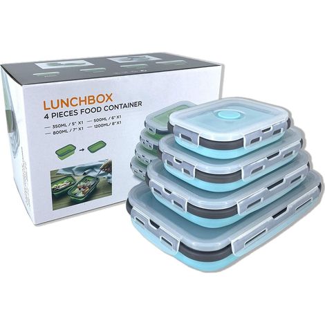 Récipient pliable en silicone avec couvercle,boîte à lunch portable pour pique-nique en plein air,peu encombrant,résistant au micro-ondes,au lave-vaisselle et au congélateur,lot de 4 (bleu et gris) (1/5)