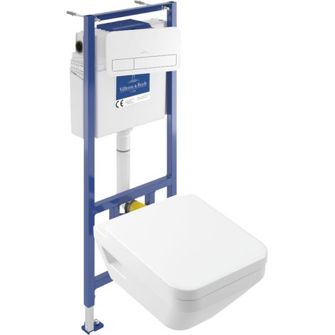 Pack inodoro suspendido sin reborde Villeroy & Boch Architectura TwistFlush [e³] redondo + bastidor de instalación suelo y pared + placa blanca (1/4)