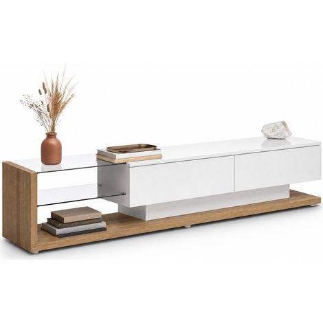 Meuble TV LED blanc brillant et bois clair 170 cm avec 2 tiroirs, 2 étagères en verre, éclairage réglable via application pour salon moderne CHICFURN (1/5)