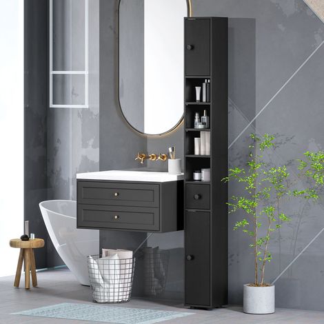 Colonne de rangement armoire haute pour salle de bain 1 tiroir 4 étagères réglables et 2 placards 20 x 20 x 180 cm noir