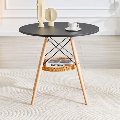 Mesa de comedor redonda 86.0x85.0x14.0 cm, cesta de almacenamiento colgante, madera maciza y MDF, negro y madera (1/5)