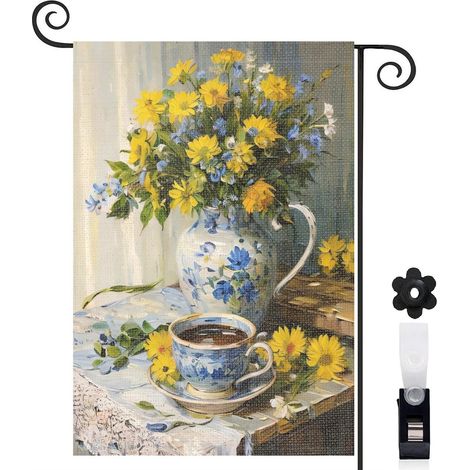 Drapeau de jardin Bienvenue en lin lavable 30 x 45 cm double face décoration extérieure (1/5)