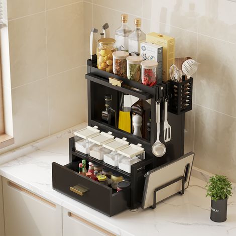Scaffale Credenza Organizer Portaspezie con Vetrinetta e Cassetto Metallo Nero
