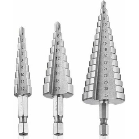 Foret Etagé, Foret Fraise Metal HSS 3PCS SKU00468 Meche Etage Perceuse Acier Fraise Forage Conique Triangle (1/4)
