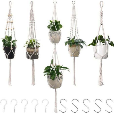 pair 5 Pièces Porte Plantes Macramé Suspendu Support Étagère Pot de Fleurs en Corde Coton (1/4)
