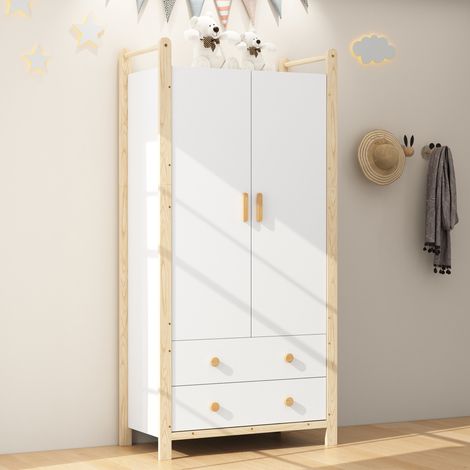 Armario de 2 puertas con barra y 2 cajones, 89,6 x 44 x 180,5 cm, blanco y pino HAVRYA (1/5)