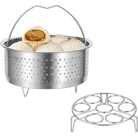 Lot de 2 inserts de cuiseur vapeur en acier inoxydable Ø 20 cm, grille vapeur à œufs Ø 17,5 cm, panier vapeur avec poignée, pour casseroles, casseroles, autocuiseurs (1/5)