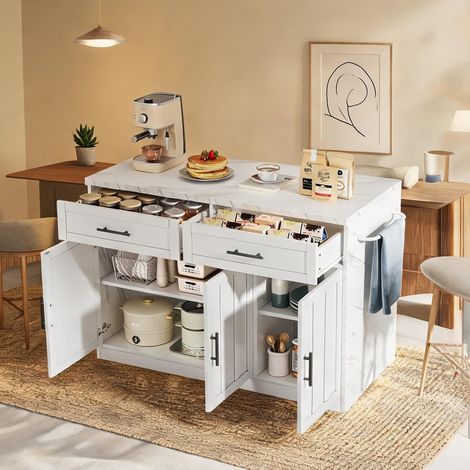 Îlot de cuisine blanc en MDF 120 x 60 x 91 cm avec prises et USB (1/5)