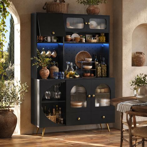 Credenza cucina 120 x 40 x 176 cm con LED e prese USB, nera DESVIAE (1/5)