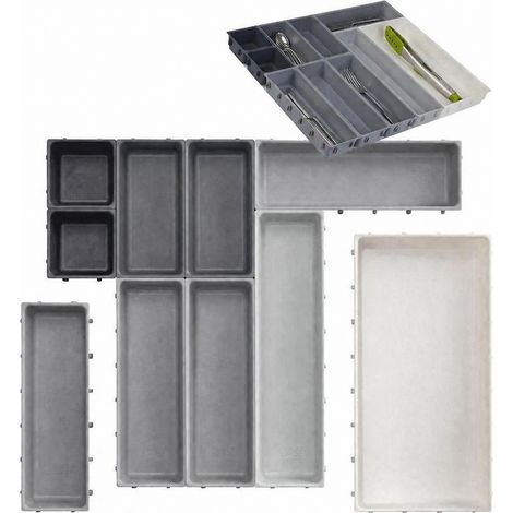 Organisateur de tiroir de cuisine, 10 pièces, blanc et gris, plastique, plateau à couverts réglable (1/5)
