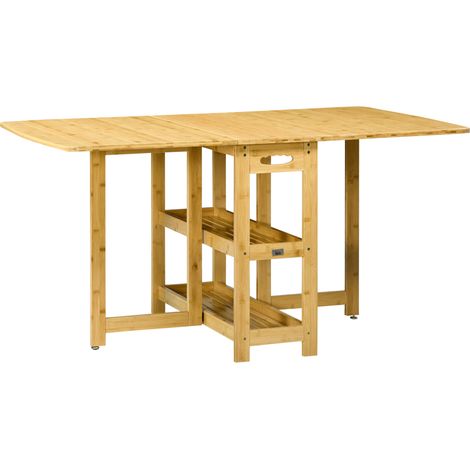 Table pliante, table à manger, deux côtés rabattables, deux étagères, pieds réglables, bambou, 149,5 x 80 x 73,5 cm