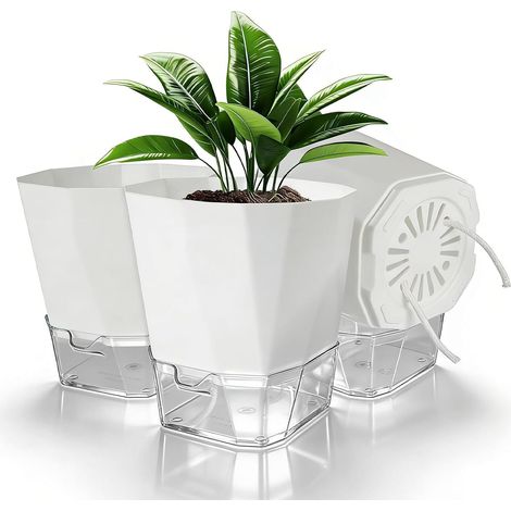 Lot de 3 Pots de Fleur - Plastique Auto-Arrosant - Avec Réserve d'Eau - Pour Intérieur et Extérieur - Blanc - 15,2cm (1/5)